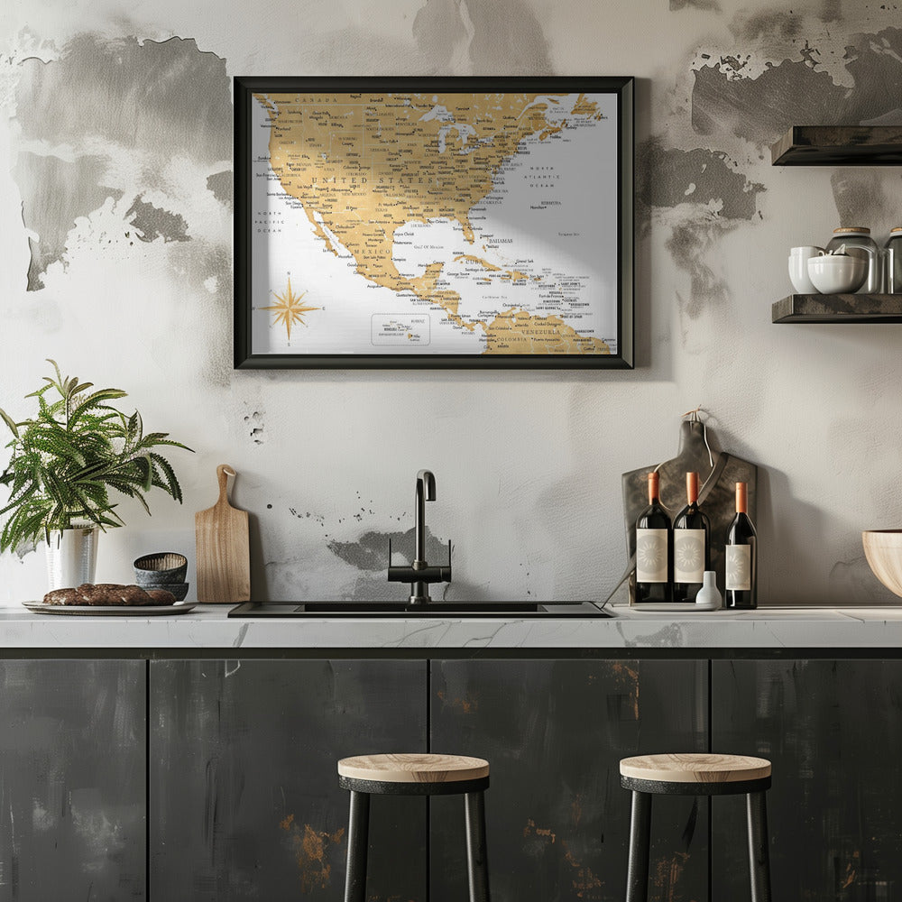 Plakat - Golden map of USA and Mexico