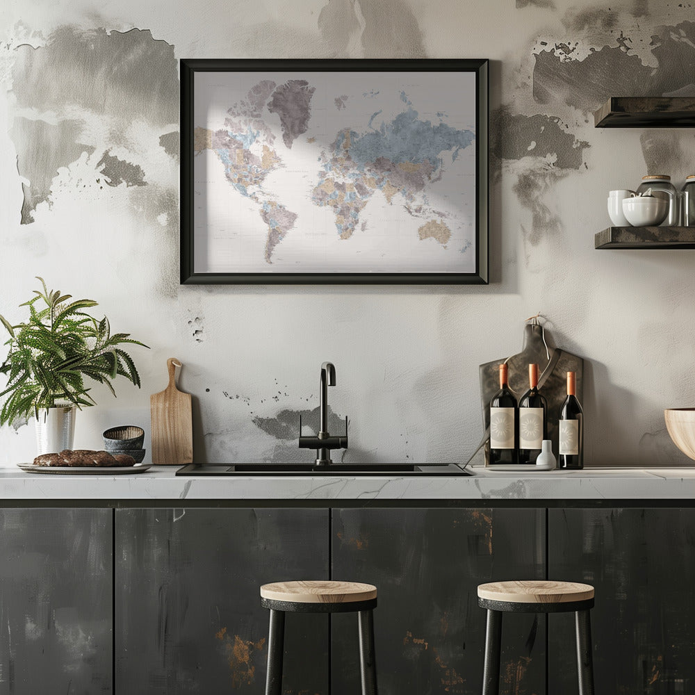 Plakat - Mahler highly detailed world map with cities