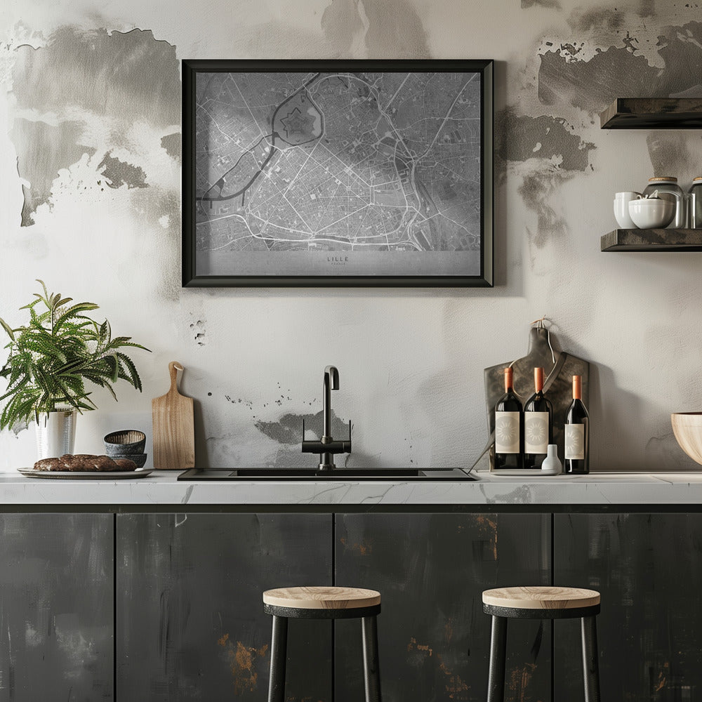 Plakat - Gray vintage map of Lille downtown France
