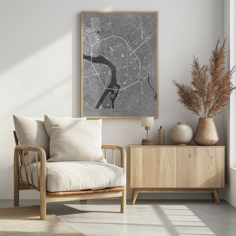 Plakat - Gray vintage map of Toulouse downtown France