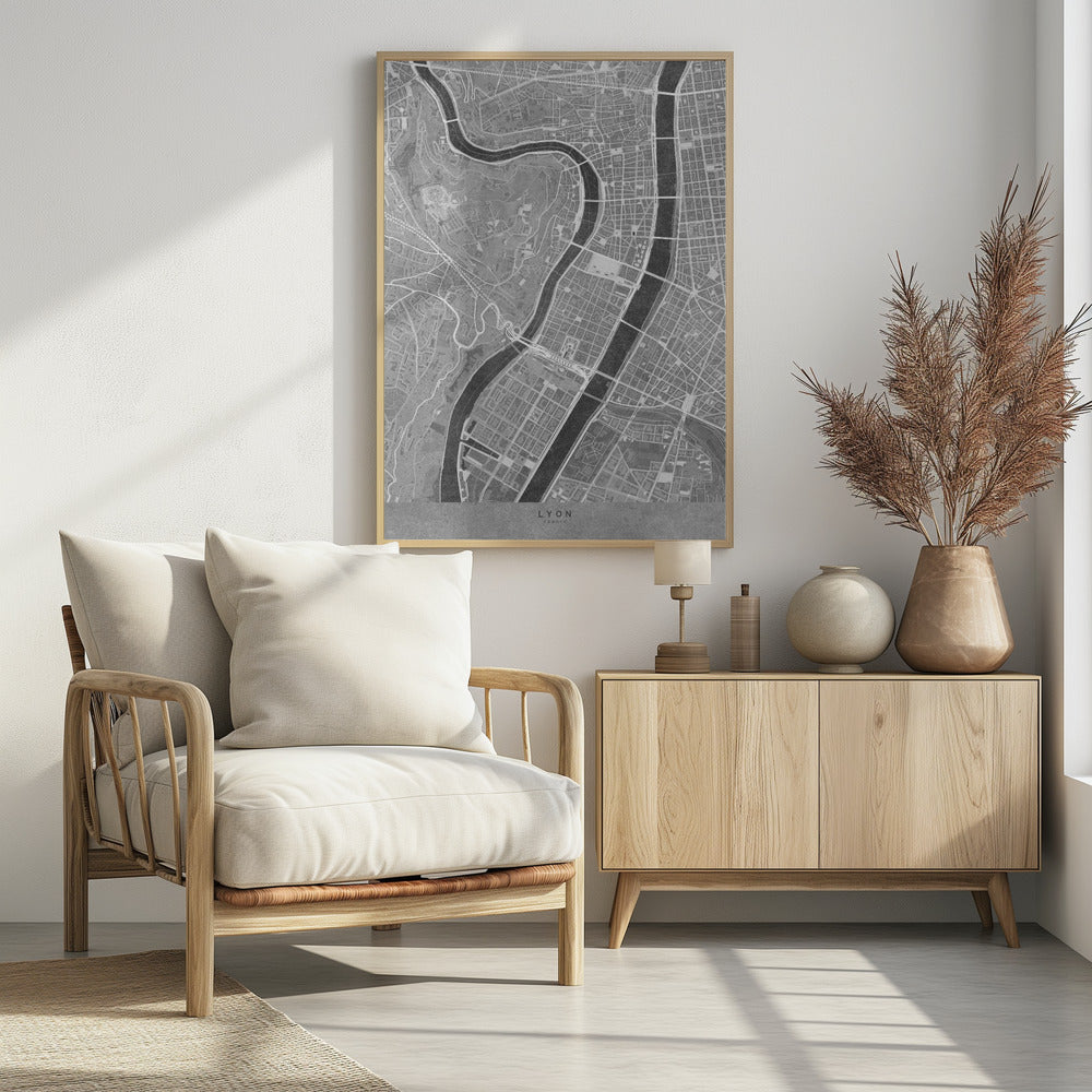 Plakat - Gray vintage map of Lyon downtown France