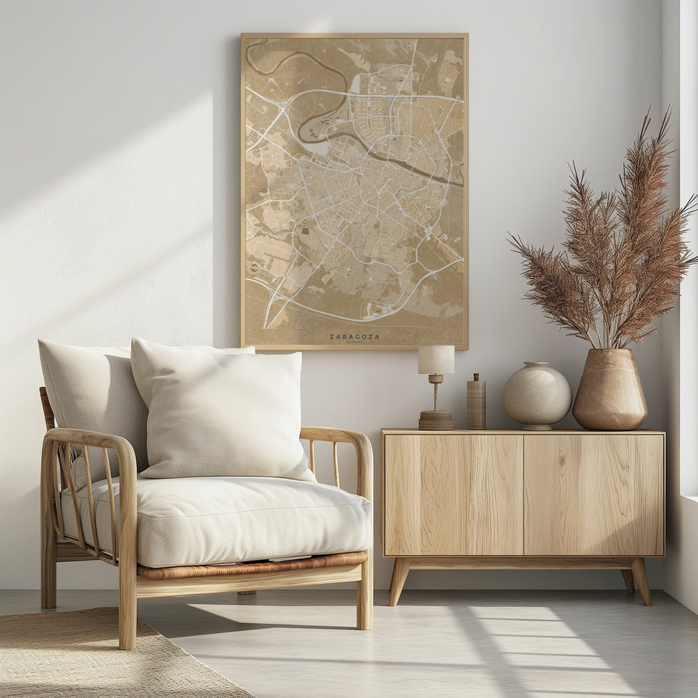 Poster - Map of Zaragoza (Spain) in sepia vintage style