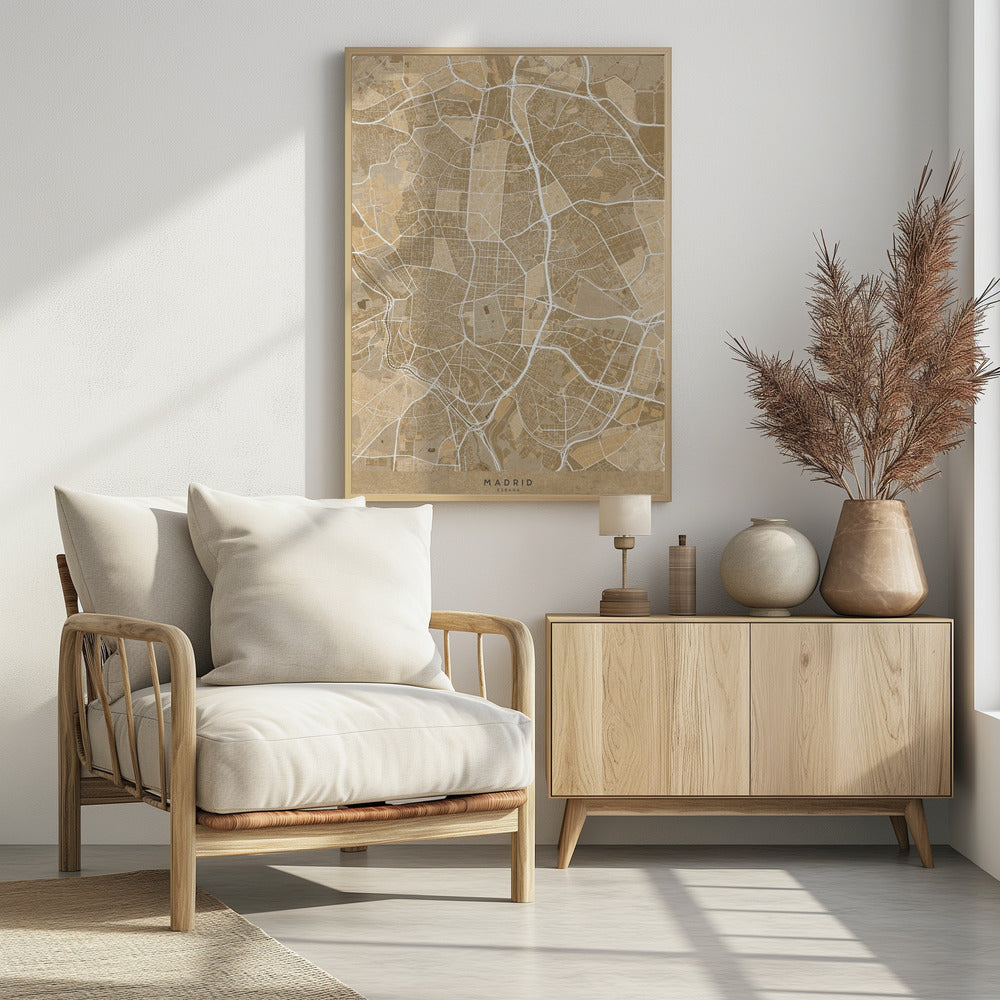 Plakat - Map of Madrid (Spain) in sepia vintage style