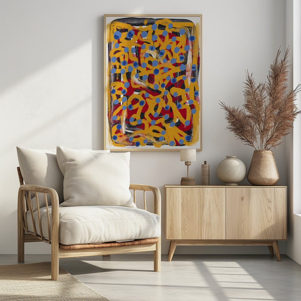 Poster - Yellow dotted line art abstract blue polka dot