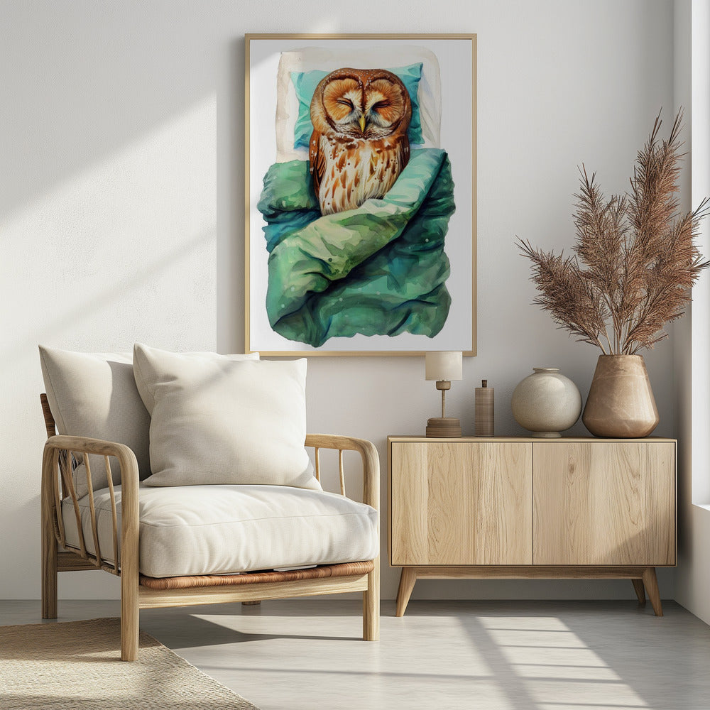 Plakat - Animal Watercolor Art Bird Sleeping Owl - Justyna Jaszke