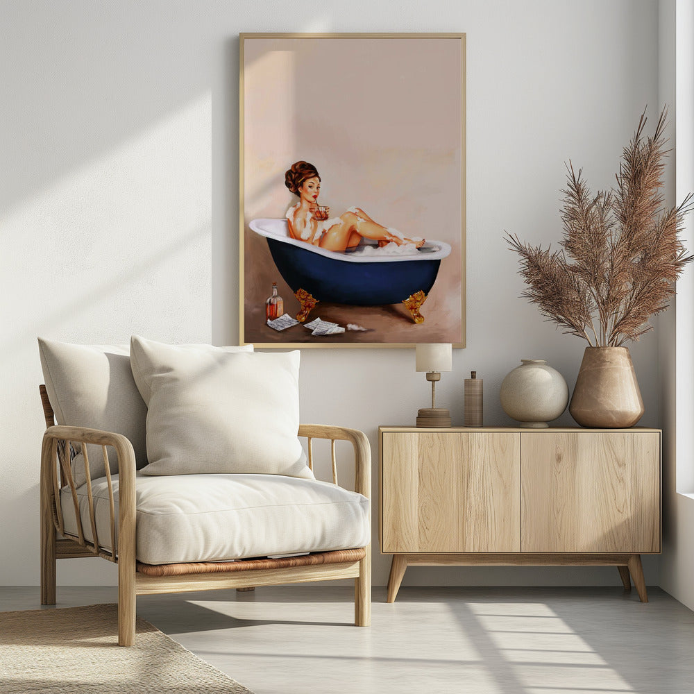Poster - Bathtub Drinks: Pinup Girl Drinking In Bathroom