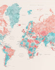 Plakat - Watercolor world map with cities, Charlotte
