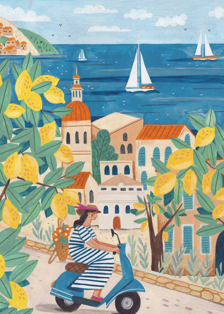 Plakat - Travel poster woman on the Amalfi coast, Italy