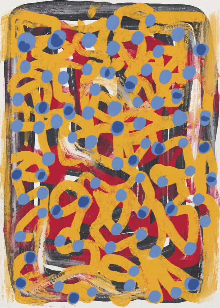 Poster - Yellow dotted line art abstract blue polka dot