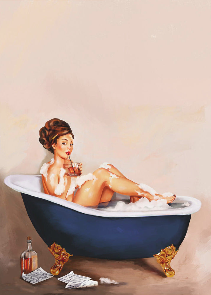 Poster - Bathtub Drinks: Pinup Girl Drinking In Bathroom